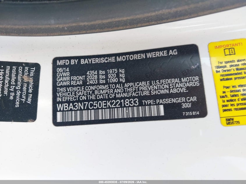 2014 BMW 428I VIN: WBA3N7C50EK221833 Lot: 45393535
