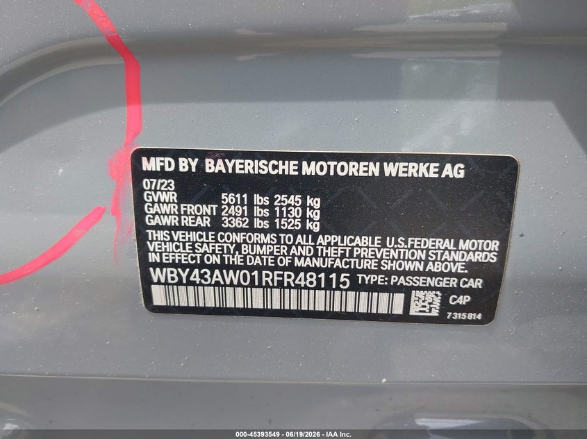 2024 BMW I4 Gran Coupe Edrive35 VIN: WBY43AW01RFR48115 Lot: 45393549