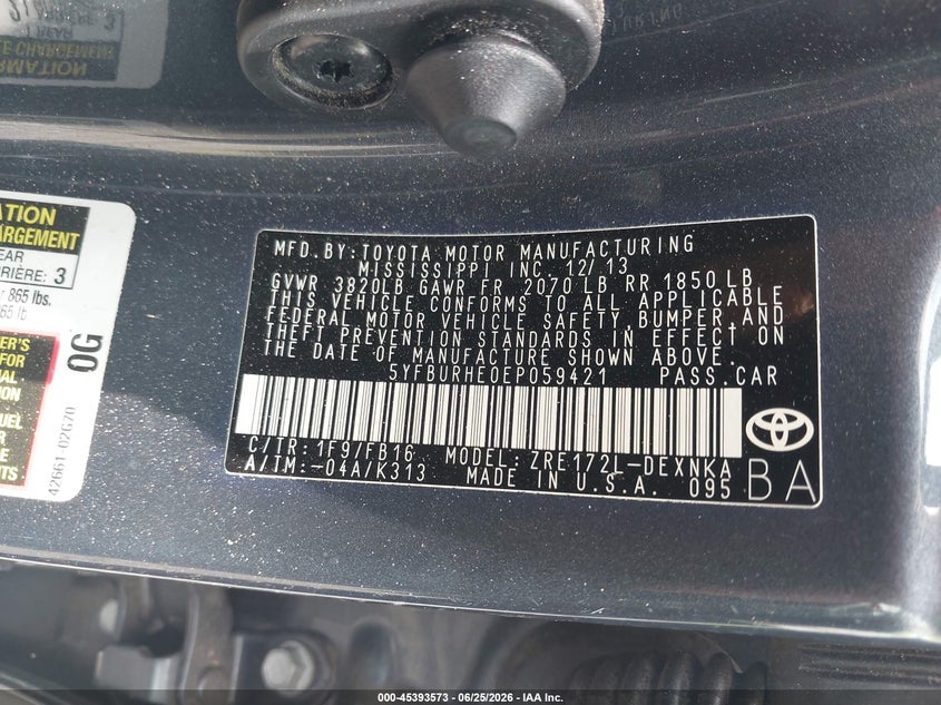 2014 Toyota Corolla Le VIN: 5YFBURHE0EP059421 Lot: 45393573