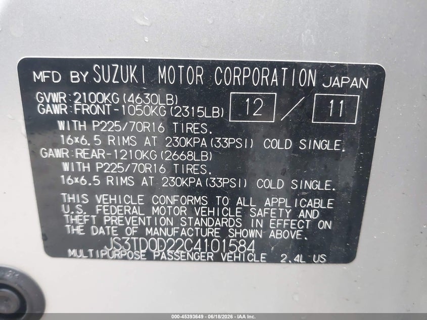 2012 Suzuki Grand Vitara Premium VIN: JS3TD0D22C4101584 Lot: 45393649