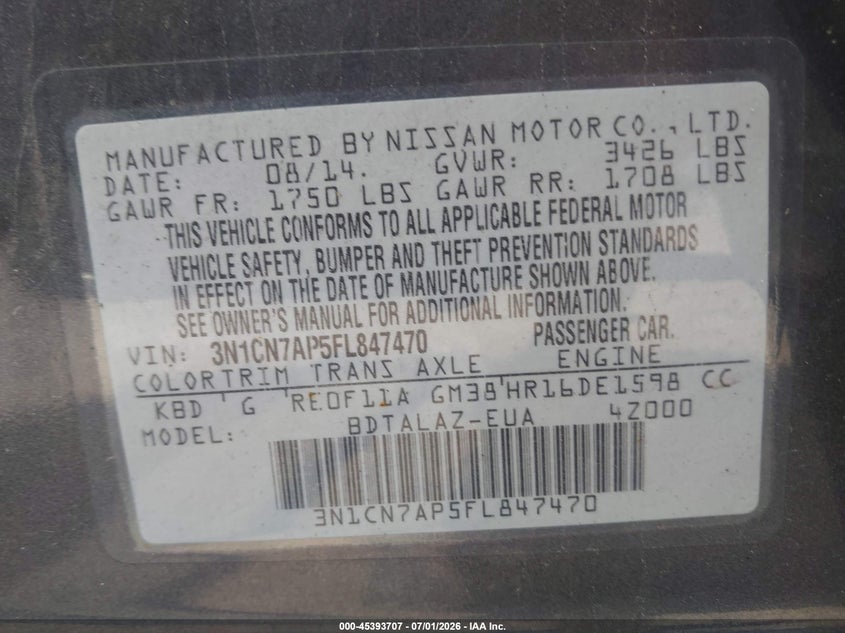 2015 Nissan Versa 1.6 S+ VIN: 3N1CN7AP5FL847470 Lot: 45393707