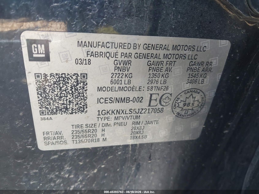 GMC ACADIA 2018 VIN 1GKKNXLS5JZ217058