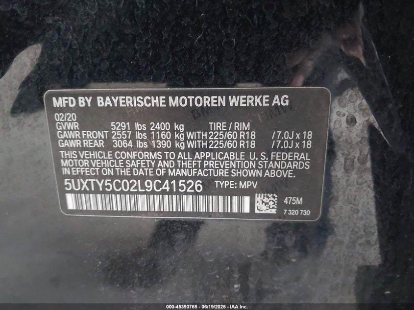 BMW X3 2020 VIN 5UXTY5C02L9C41526