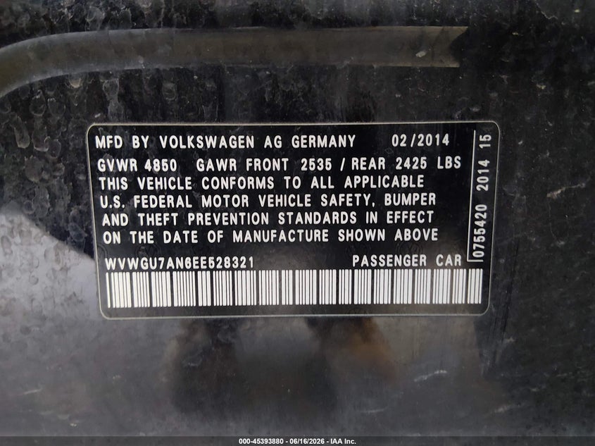 2014 Volkswagen Cc 3.6L Vr6 Executive VIN: WVWGU7AN6EE528321 Lot: 45393880