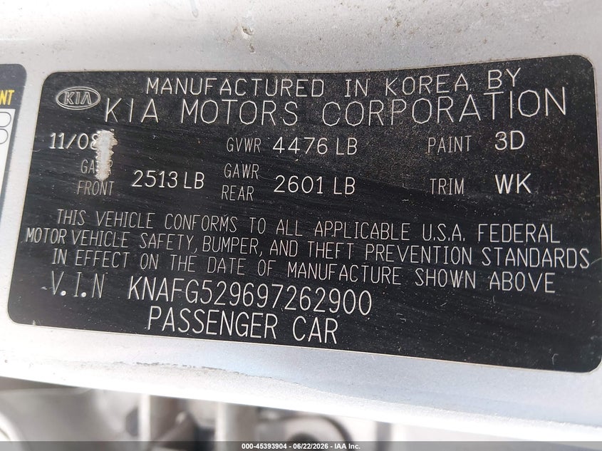 2009 Kia Rondo Lx VIN: KNAFG529697262900 Lot: 45393904