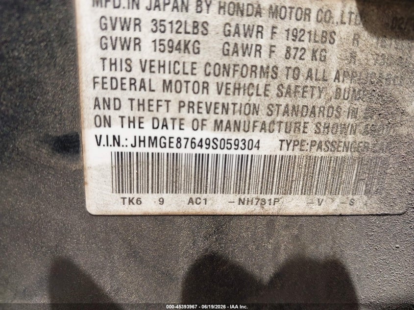 2009 Honda Fit Sport VIN: JHMGE87649S059304 Lot: 45393967