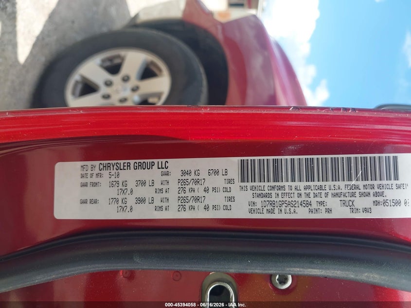 2010 Dodge Ram 1500 Slt/Sport/Trx VIN: 1D7RB1GP5AS214584 Lot: 45394058