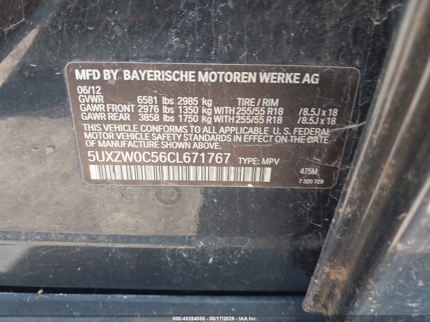 2012 BMW X5 xDrive35D VIN: 5UXZW0C56CL671767 Lot: 45394088