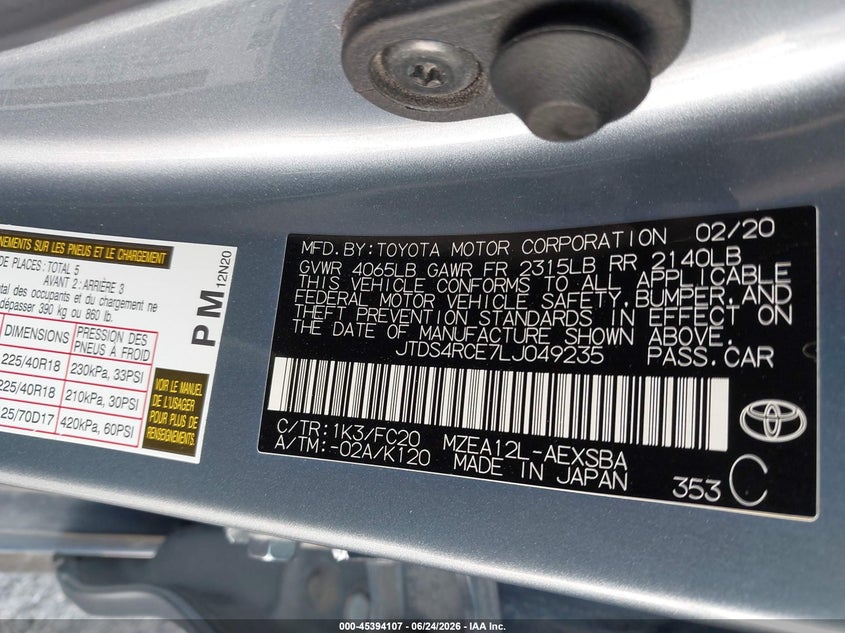 VIN JTDS4RCE7LJ049235 2020 TOYOTA COROLLA SE