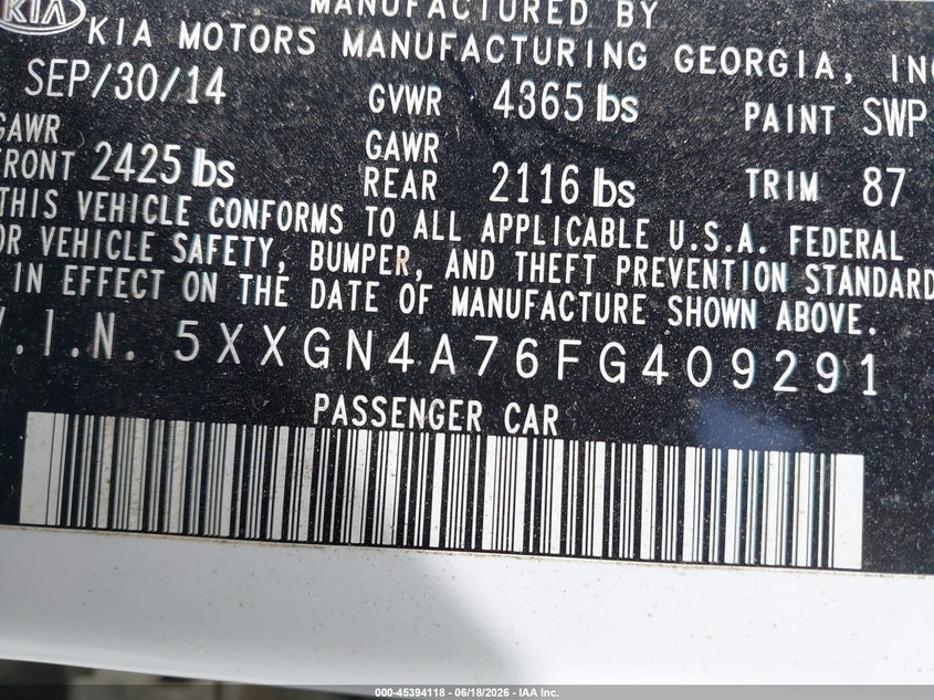 2015 Kia Optima Ex VIN: 5XXGN4A76FG409291 Lot: 45394118