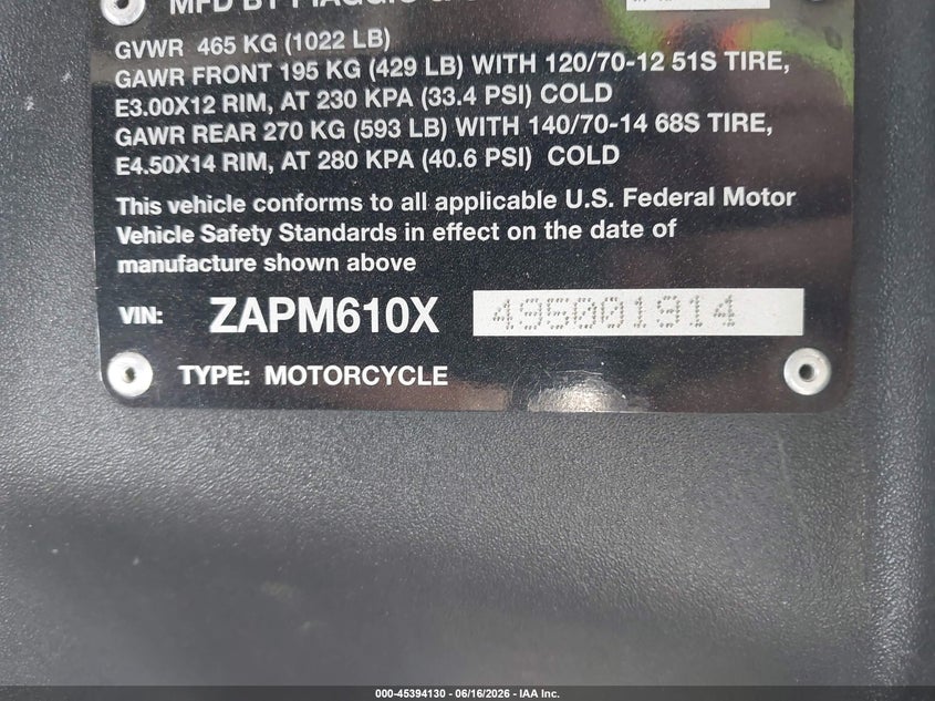 2009 Piaggio Mp3 500 VIN: ZAPM610X495001914 Lot: 45394130