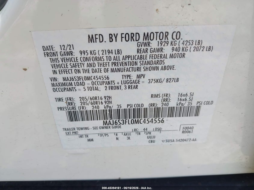 2021 Ford Ecosport S VIN: MAJ6S3FL0MC454556 Lot: 45394161