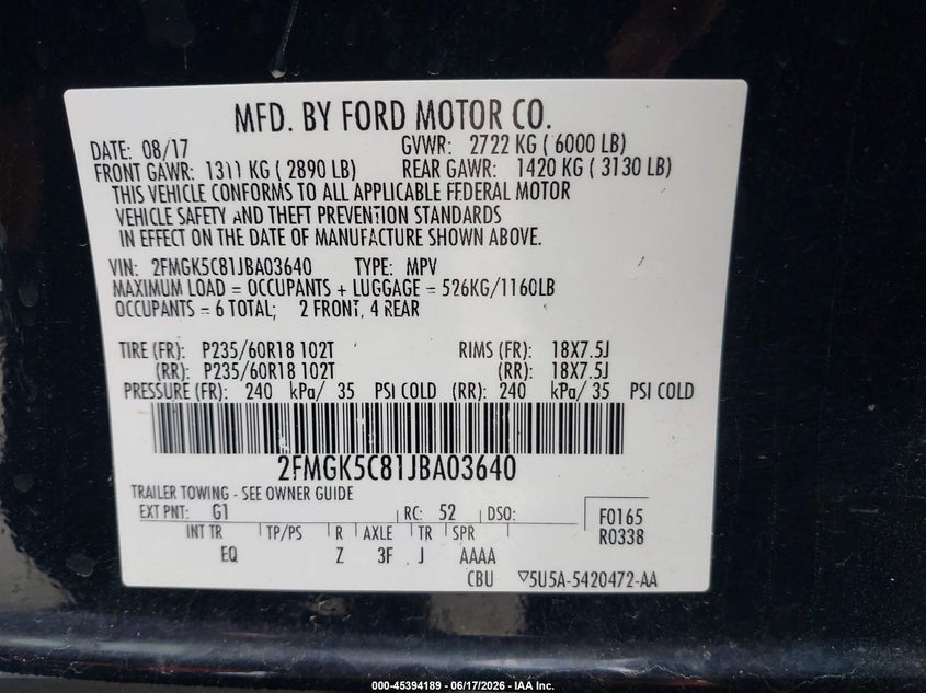 2018 Ford Flex Sel VIN: 2FMGK5C81JBA03640 Lot: 45394189