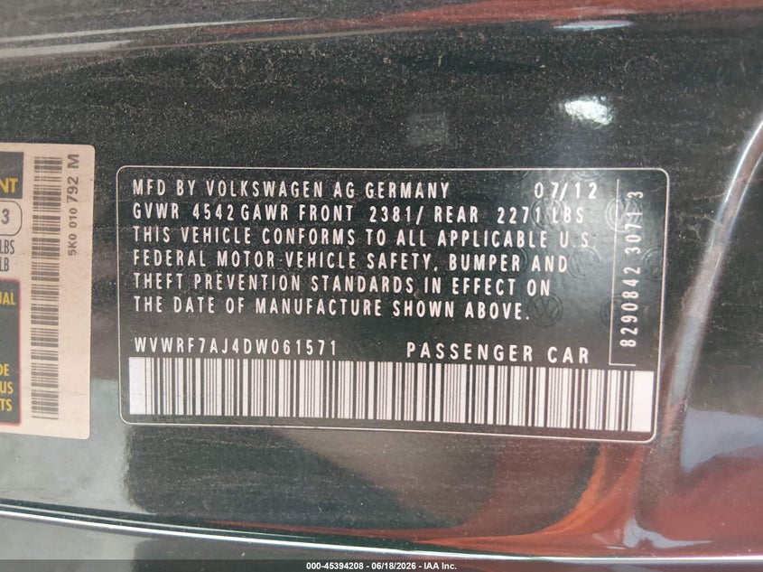 2013 Volkswagen Golf R 2-Door VIN: WVWRF7AJ4DW061571 Lot: 45394208