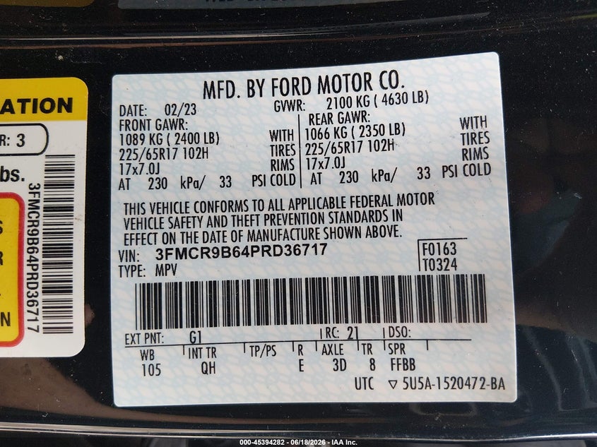 2023 FORD BRONCO SPORT SPORT UTILITY VEHICLE 1.5L I-3 DI, DOHC, VVT, TURBO, 181HP