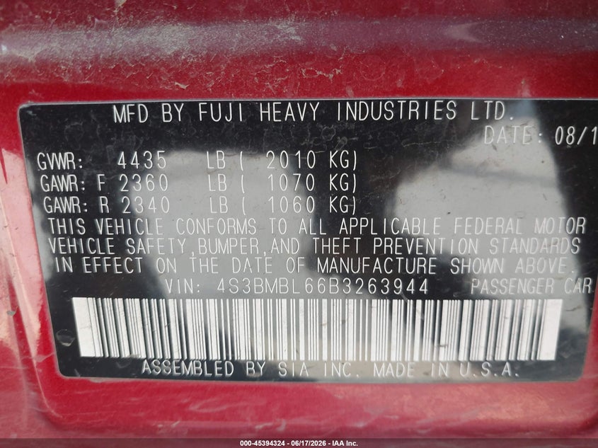 2011 Subaru Legacy 2.5I Limited VIN: 4S3BMBL66B3263944 Lot: 45394324