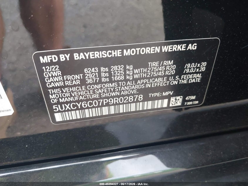 2023 BMW X6 xDrive40I VIN: 5UXCY6C07P9R02878 Lot: 45394327