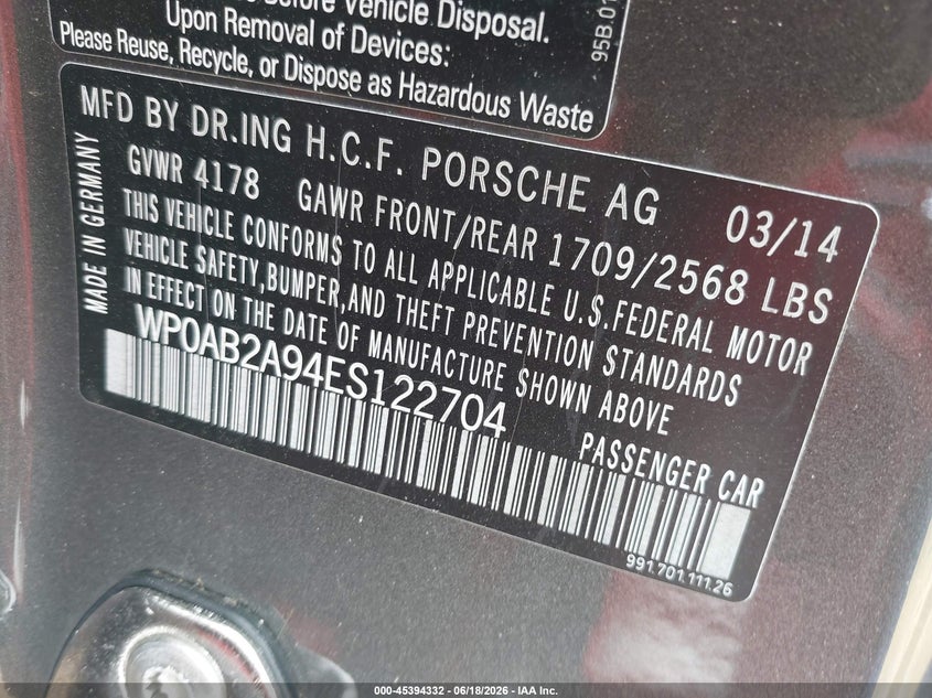 2014 Porsche 911 50Th Anniversary Edition/Carrera 4S/Carrera S VIN: WP0AB2A94ES122704 Lot: 45394332