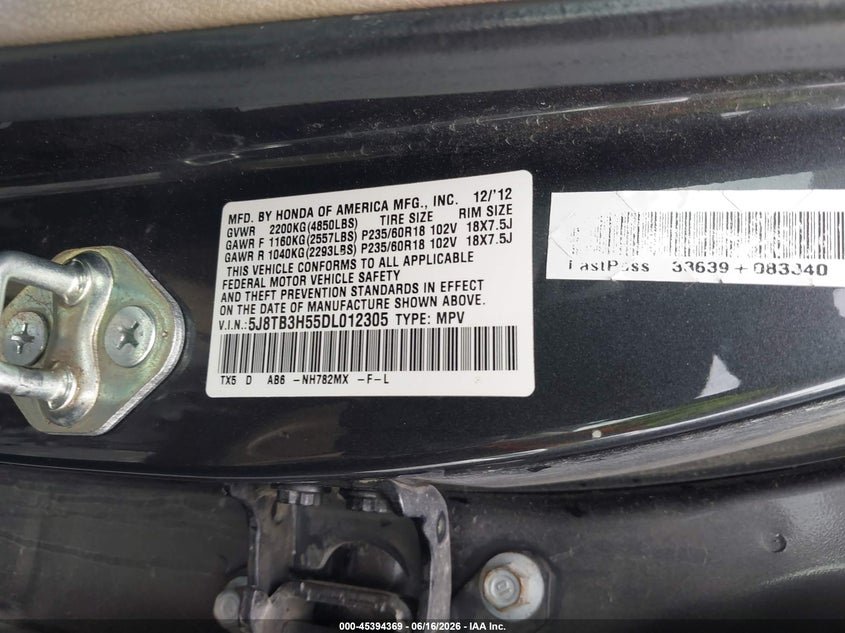 2013 Acura Rdx VIN: 5J8TB3H55DL012305 Lot: 45394369