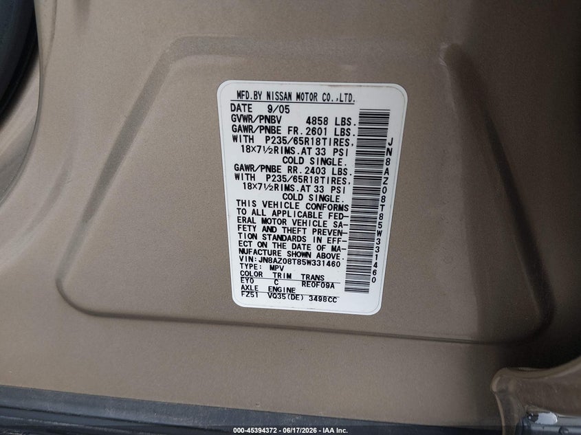 2005 Nissan Murano Sl VIN: JN8AZ08T85W331460 Lot: 45394372