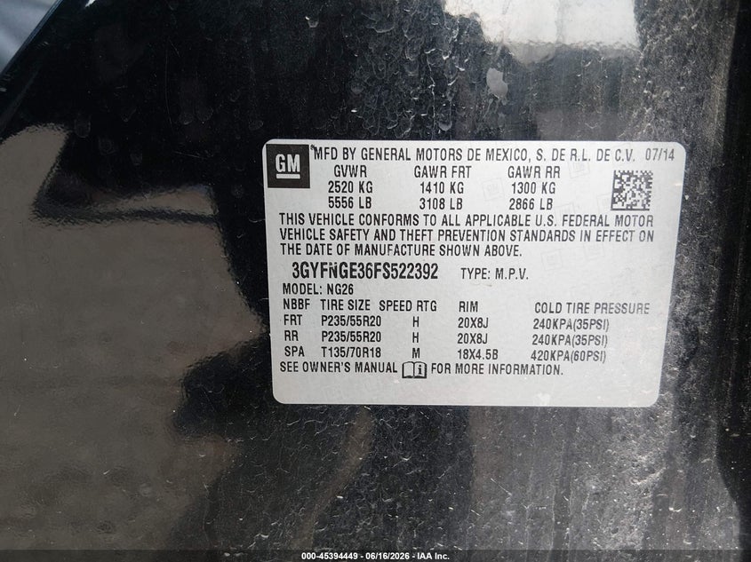 2015 Cadillac Srx Premium Collection VIN: 3GYFNGE36FS522392 Lot: 45394449