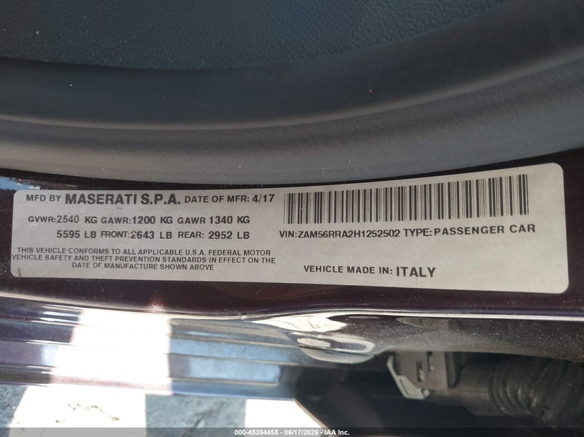 2017 Maserati Quattroporte S Q4 VIN: ZAM56RRA2H1252502 Lot: 45394455