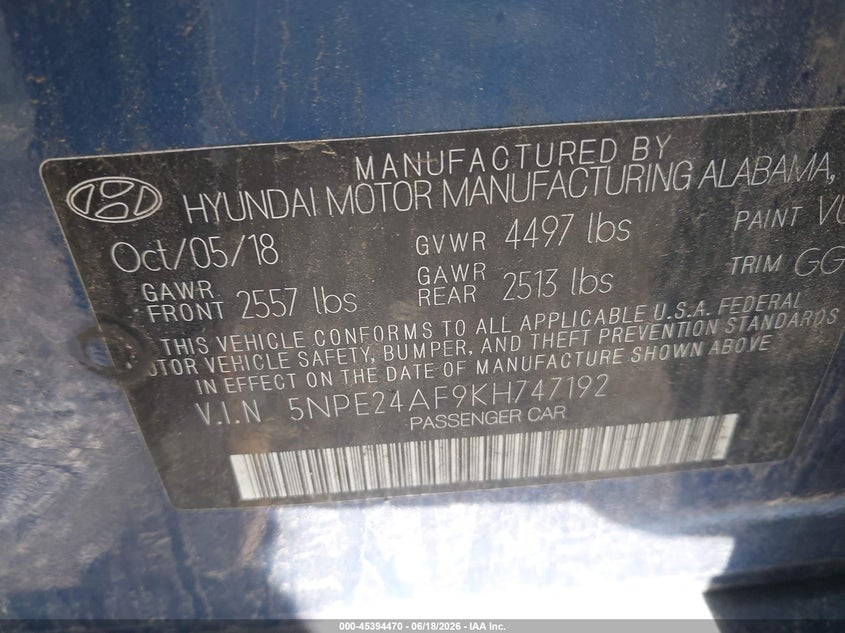 2019 Hyundai Sonata Se VIN: 5NPE24AF9KH747192 Lot: 45394470