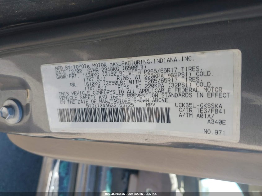 2003 Toyota Sequoia Sr5 V8 VIN: 5TDZT34A63S163725 Lot: 45394555