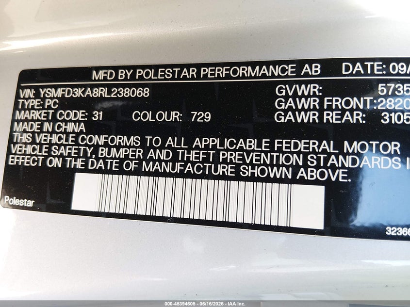 2024 Polestar 2 Long Range Dual Motor/Long Range Dual Motor Plus VIN: YSMFD3KA8RL238068 Lot: 45394605