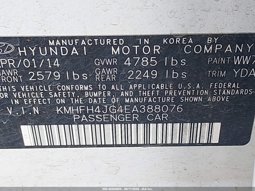 2014 Hyundai Azera Limited VIN: KMHFH4JG4EA388076 Lot: 45394655