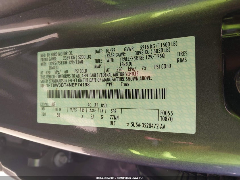 2022 Ford F-350 Lariat VIN: 1FT8W3BT4NEF74198 Lot: 45394683