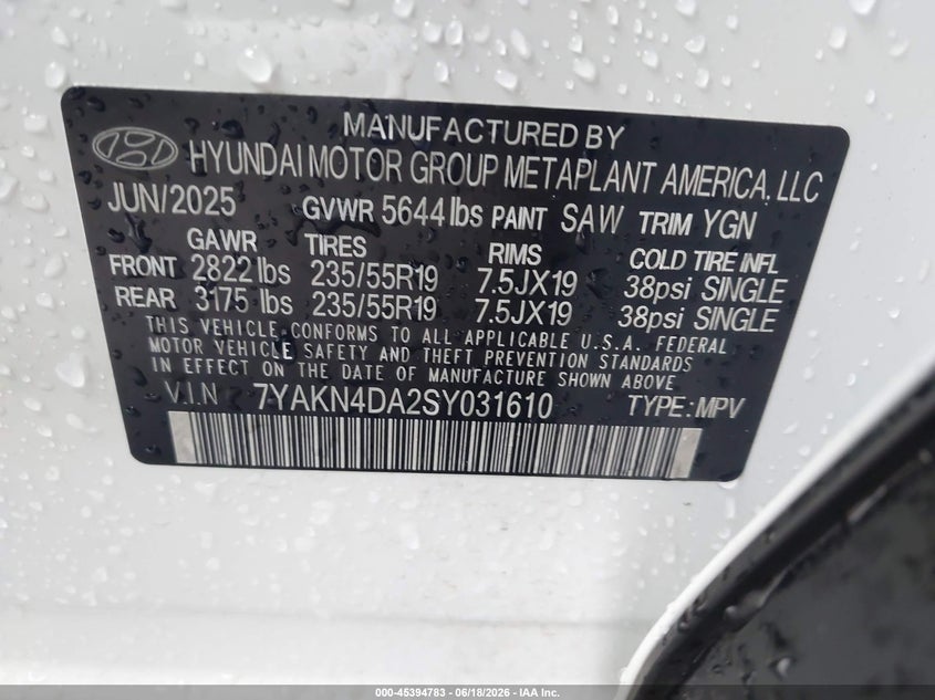 2025 Hyundai Ioniq 5 Sel VIN: 7YAKN4DA2SY031610 Lot: 45394783