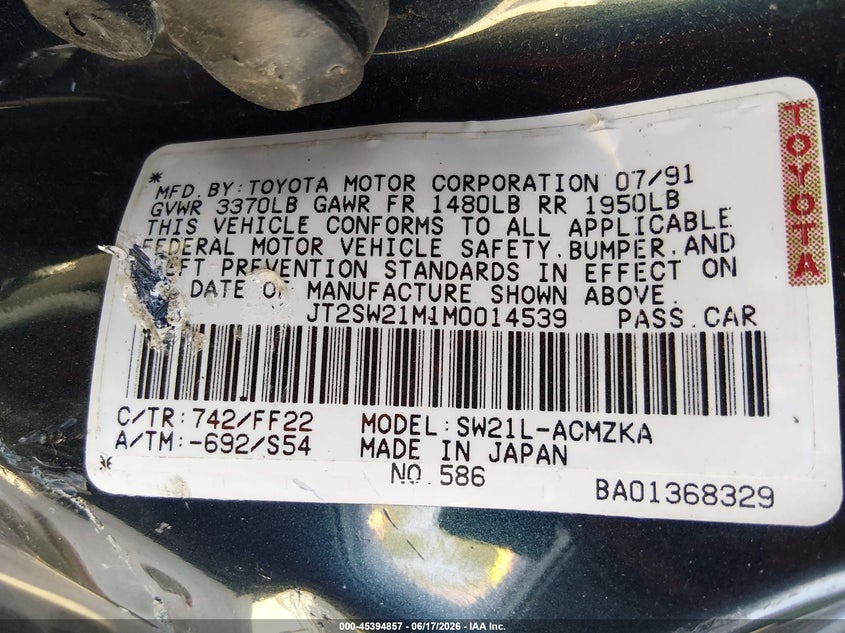 1991 Toyota Mr2 VIN: JT2SW21M1M0014539 Lot: 45394857