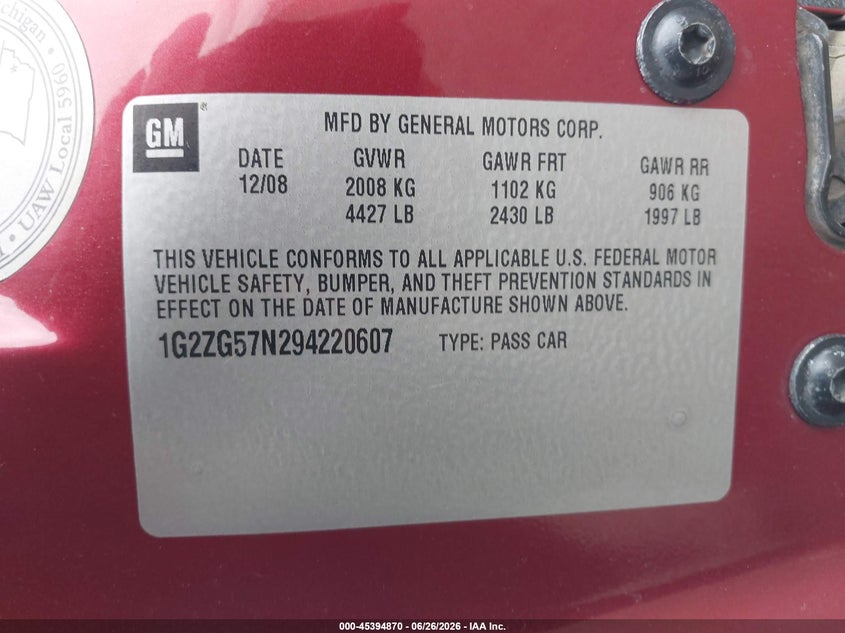 2009 Pontiac G6 VIN: 1G2ZG57N294220607 Lot: 45394870