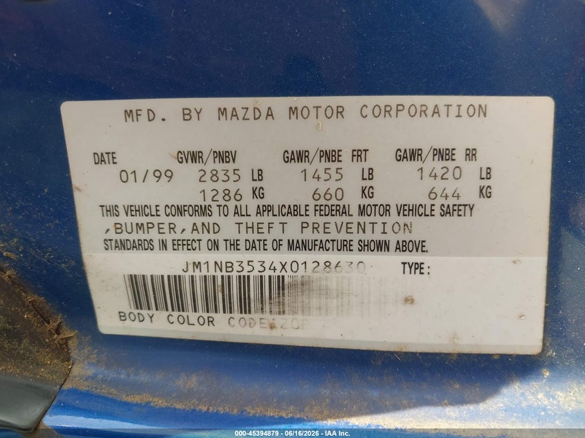 1999 Mazda Mx-5 Miata Leather Pkg/Popular Equipment Pkg/Sports Pkg/Touring Pkg VIN: JM1NB3534X0128630 Lot: 45394879