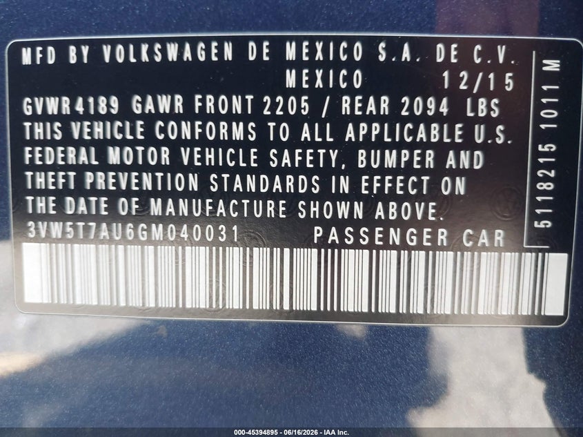 2016 Volkswagen Golf Gti Se 4-Door VIN: 3VW5T7AU6GM040031 Lot: 45394895
