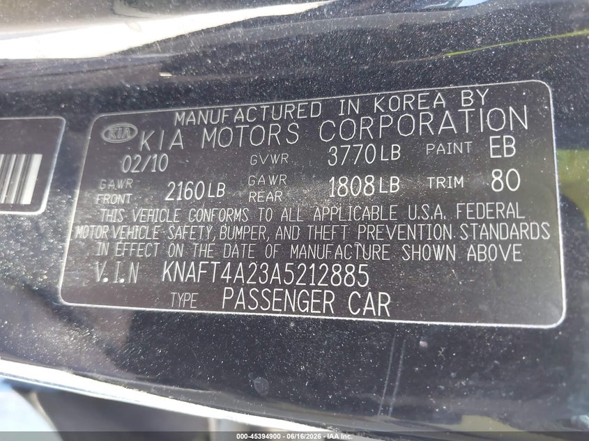 2010 KIA FORTE SEDAN 2.0L I-4 DOHC, VVT, 156HP
