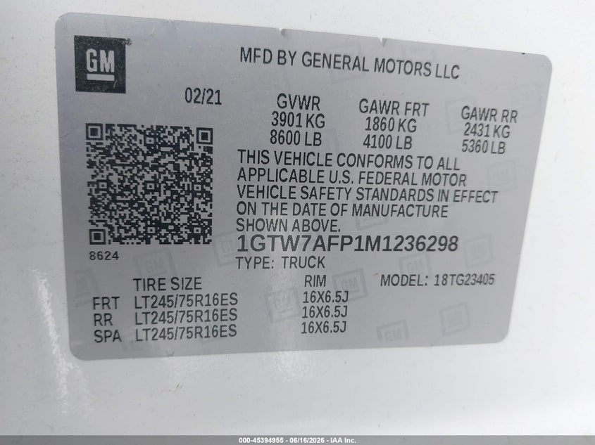2021 GMC Savana Cargo Rwd 2500 Regular Wheelbase Work Van VIN: 1GTW7AFP1M1236298 Lot: 45394955