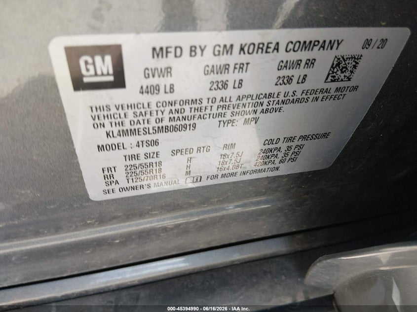 2021 Buick Encore Gx Awd Select VIN: KL4MMESL5MB060919 Lot: 45394990