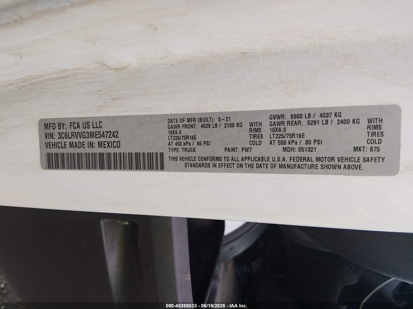 2021 Ram Promaster 2500 Low Roof 136 Wb VIN: 3C6LRVVG3ME547242 Lot: 45395033