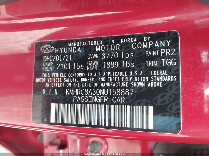 2022 Hyundai Venue Sel VIN: KMHRC8A30NU158887 Lot: 45395078