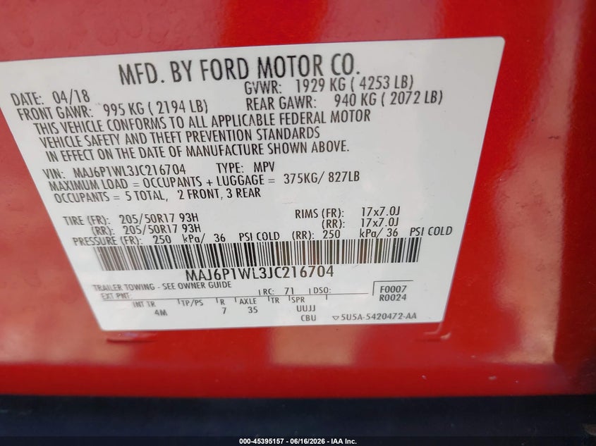 2018 Ford Ecosport Titanium VIN: MAJ6P1WL3JC216704 Lot: 45395157