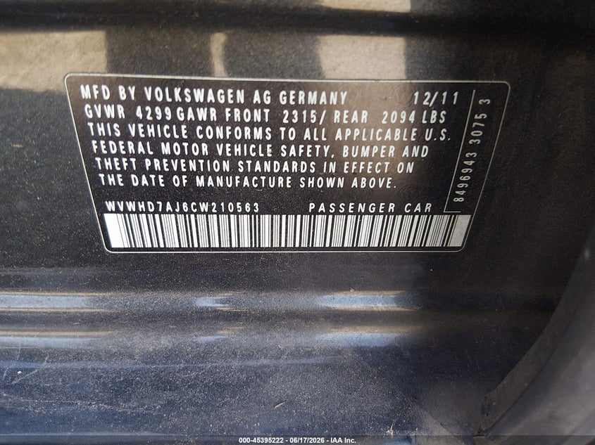 2012 Volkswagen Gti 4-Door Autobahn VIN: WVWHD7AJ6CW210563 Lot: 45395222