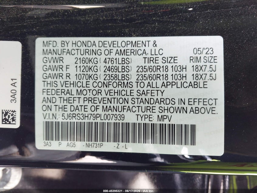 HONDA CR-V 2023 VIN 5J6RS3H79PL007939