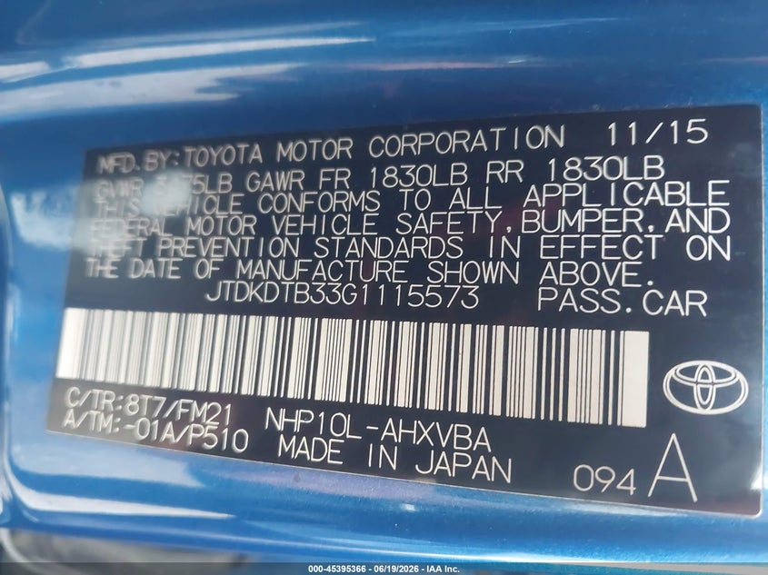 2016 Toyota Prius C Two VIN: JTDKDTB33G1115573 Lot: 45395366