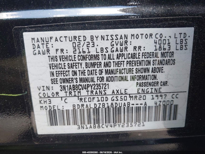 NISSAN SENTRA 2023 VIN 3N1AB8CV4PY235721