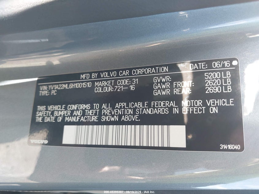 2017 Volvo S90 T6 Inscription VIN: YV1A22ML6H1001510 Lot: 45395387