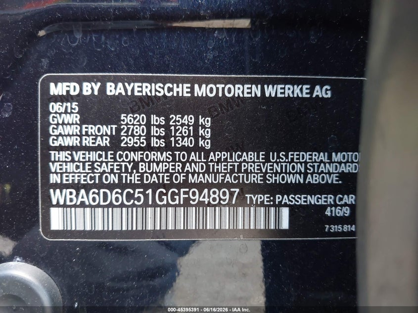 2016 BMW 650I Gran Coupe xDrive VIN: WBA6D6C51GGF94897 Lot: 45395391