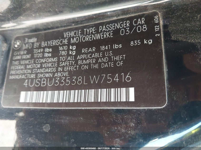 2008 BMW Z4 3.0I VIN: 4USBU33538LW75416 Lot: 45395466