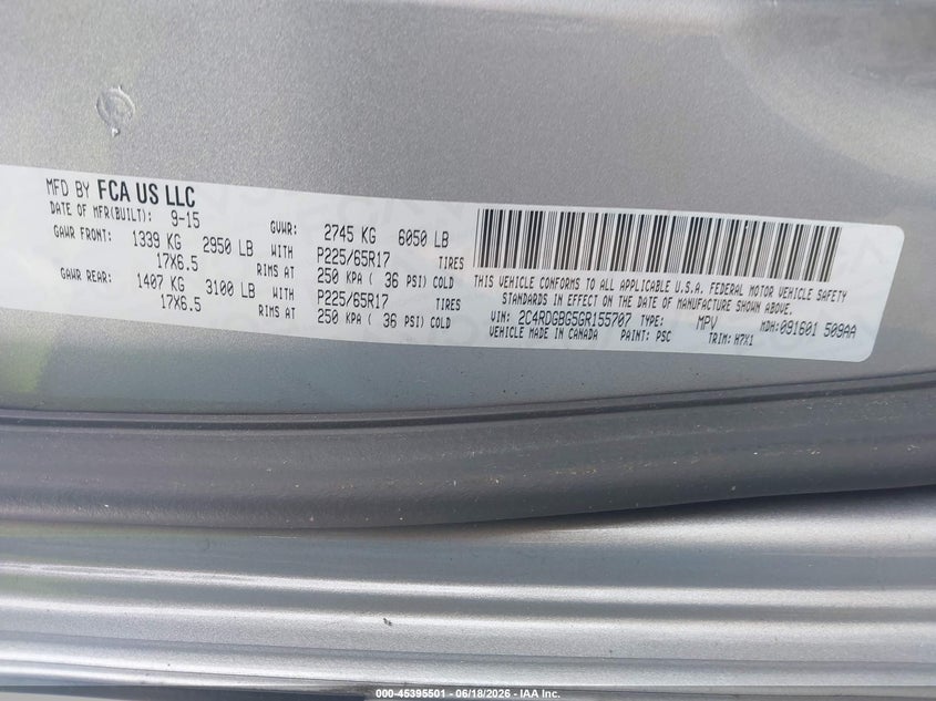DODGE GRAND CARAVAN 2016 VIN 2C4RDGBG5GR155707